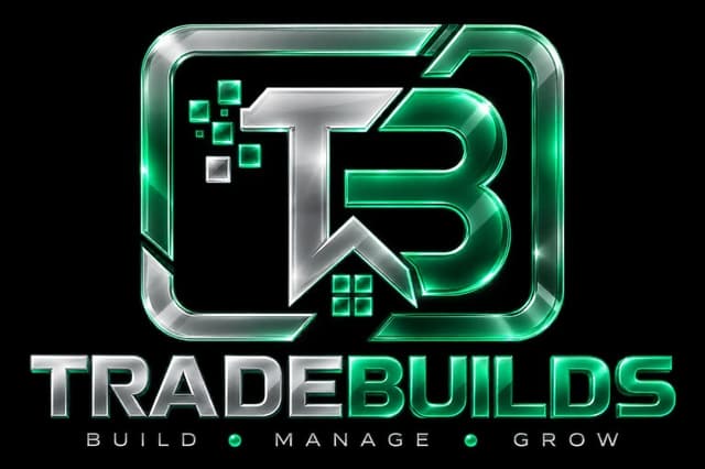 TradeBuilds logo with silver TRADE and emerald BUILDS wordmark, TB house monogram, and tagline Build Manage Grow